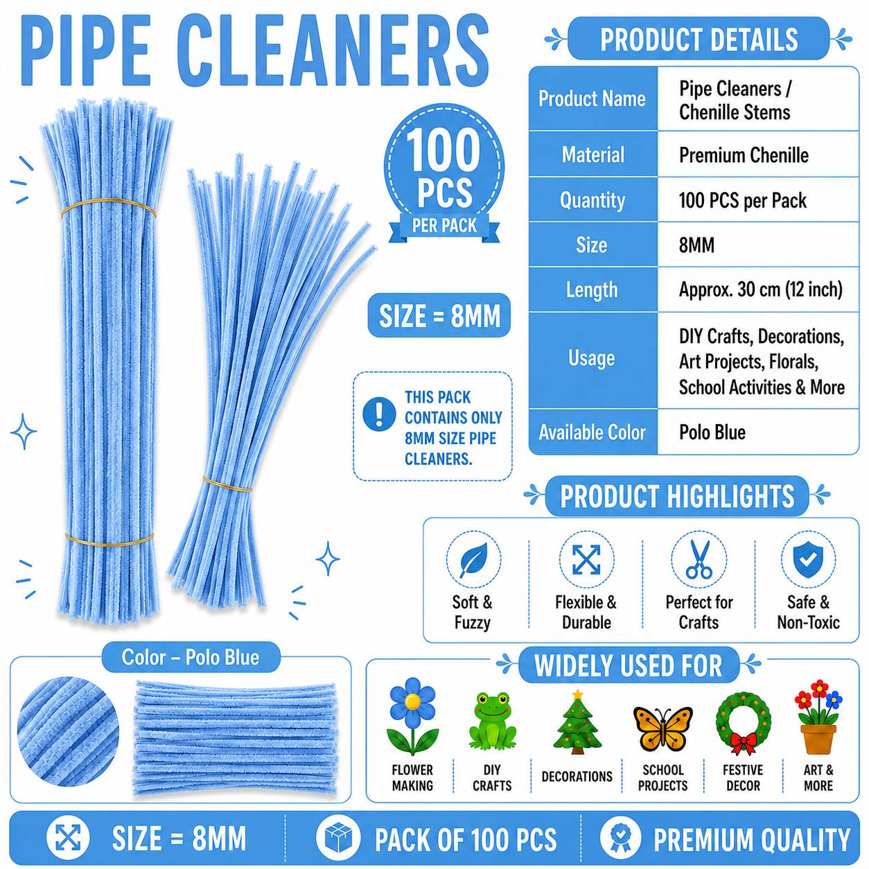 Crafteria Polo Blue Premium Pipe Cleaners (8MM Approx.)