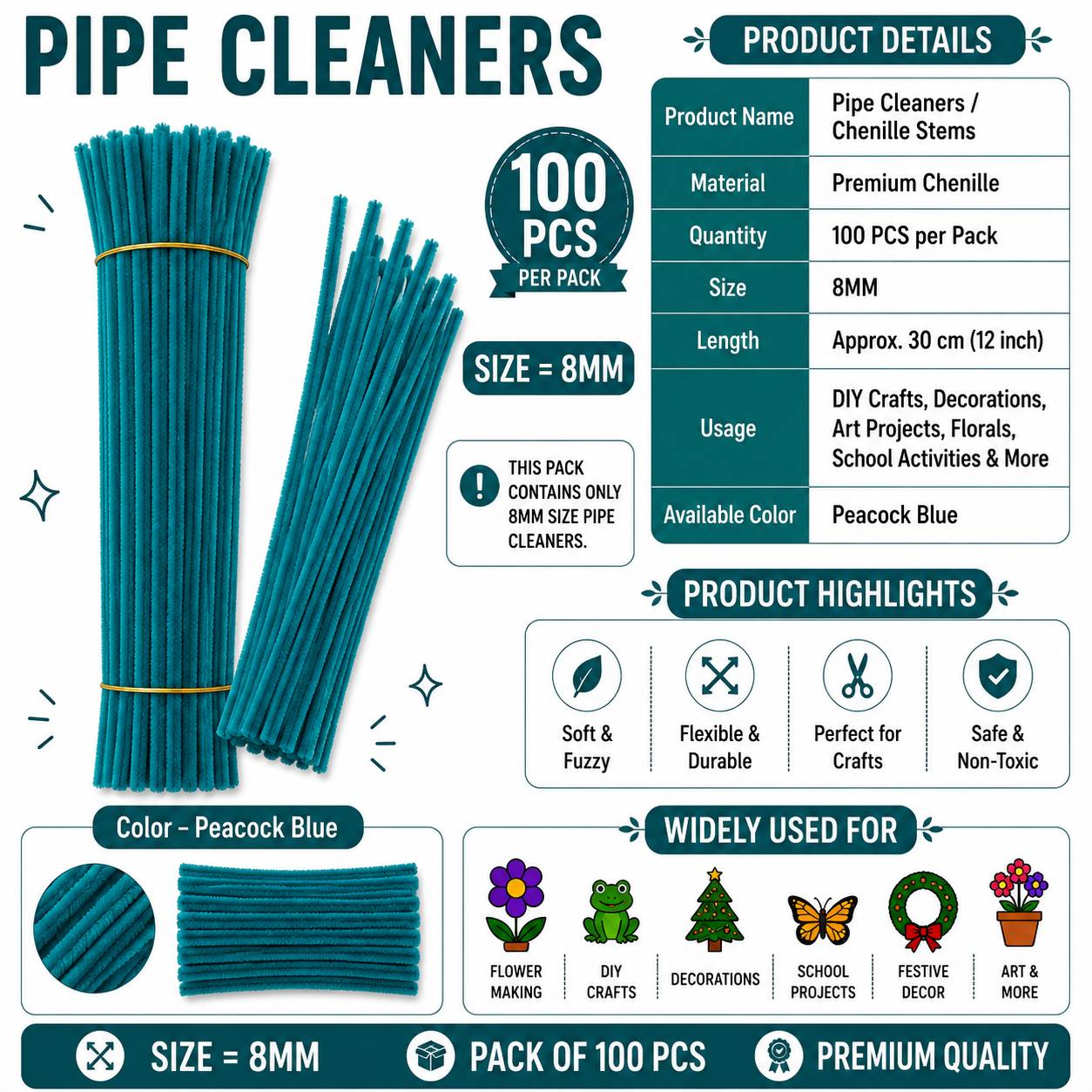 Crafteria Peacock Blue Premium Pipe Cleaners (8MM Approx.)