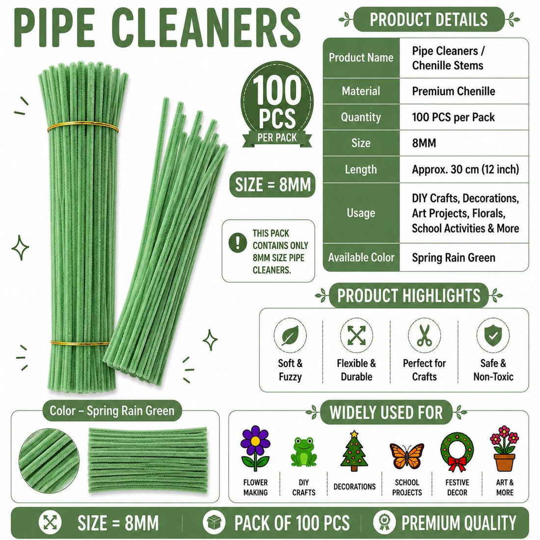 Crafteria Spring Rain Green Premium Pipe Cleaners (8MM Approx.)