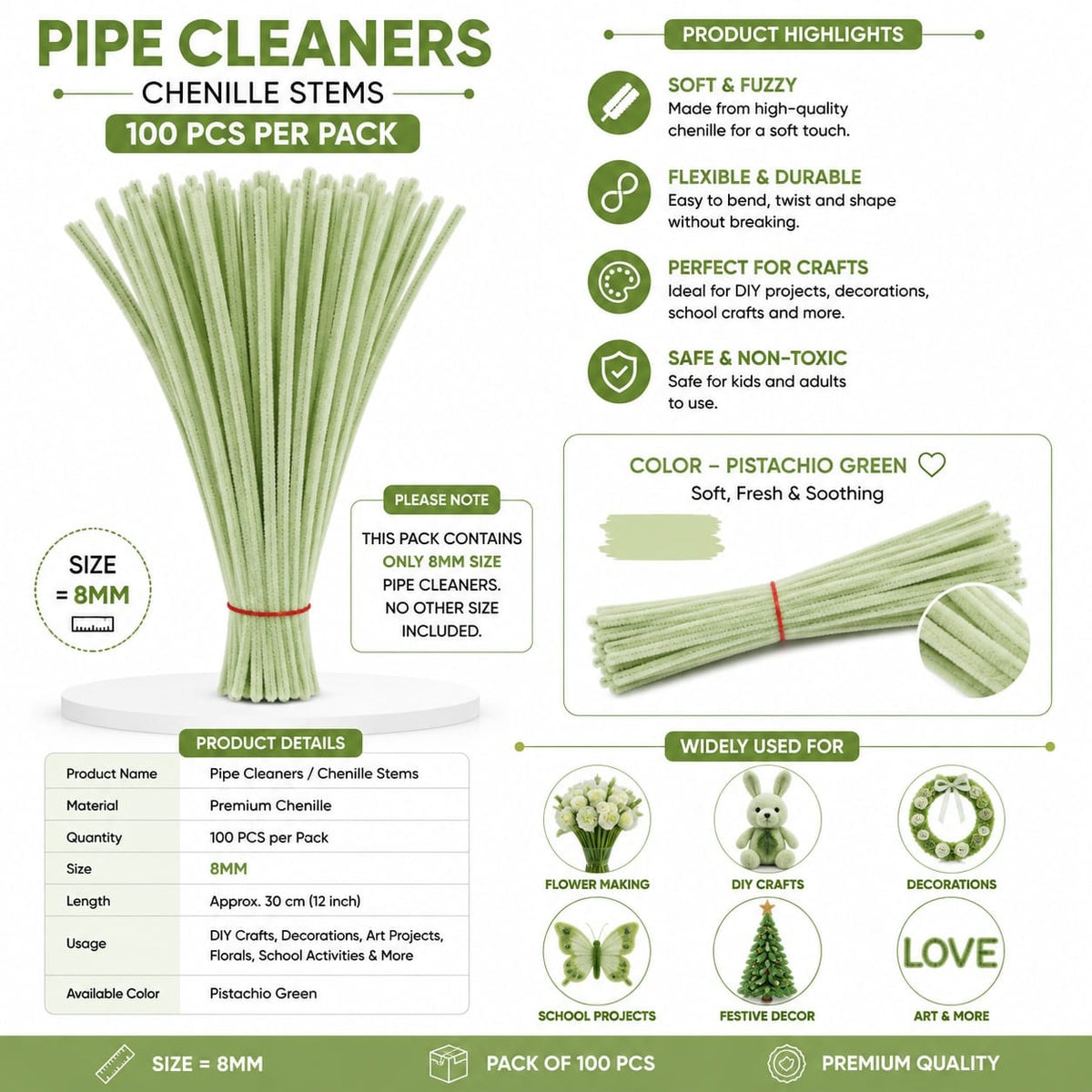 Premium Pipe Cleaners (7-8MM Approx.) (Pistachio Green)