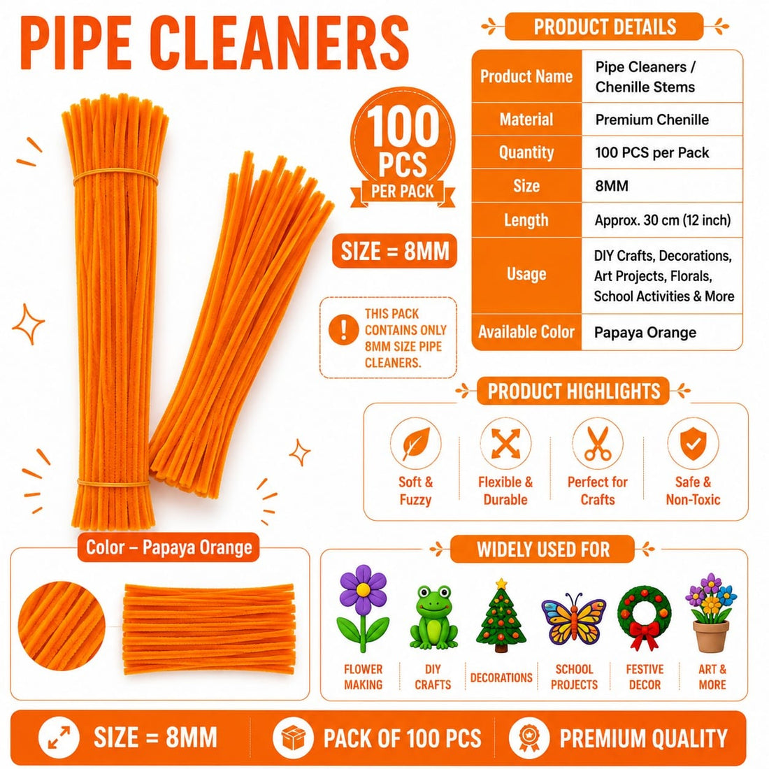 Premium Pipe Cleaners (8MM Approx.) (Papaya Orange)