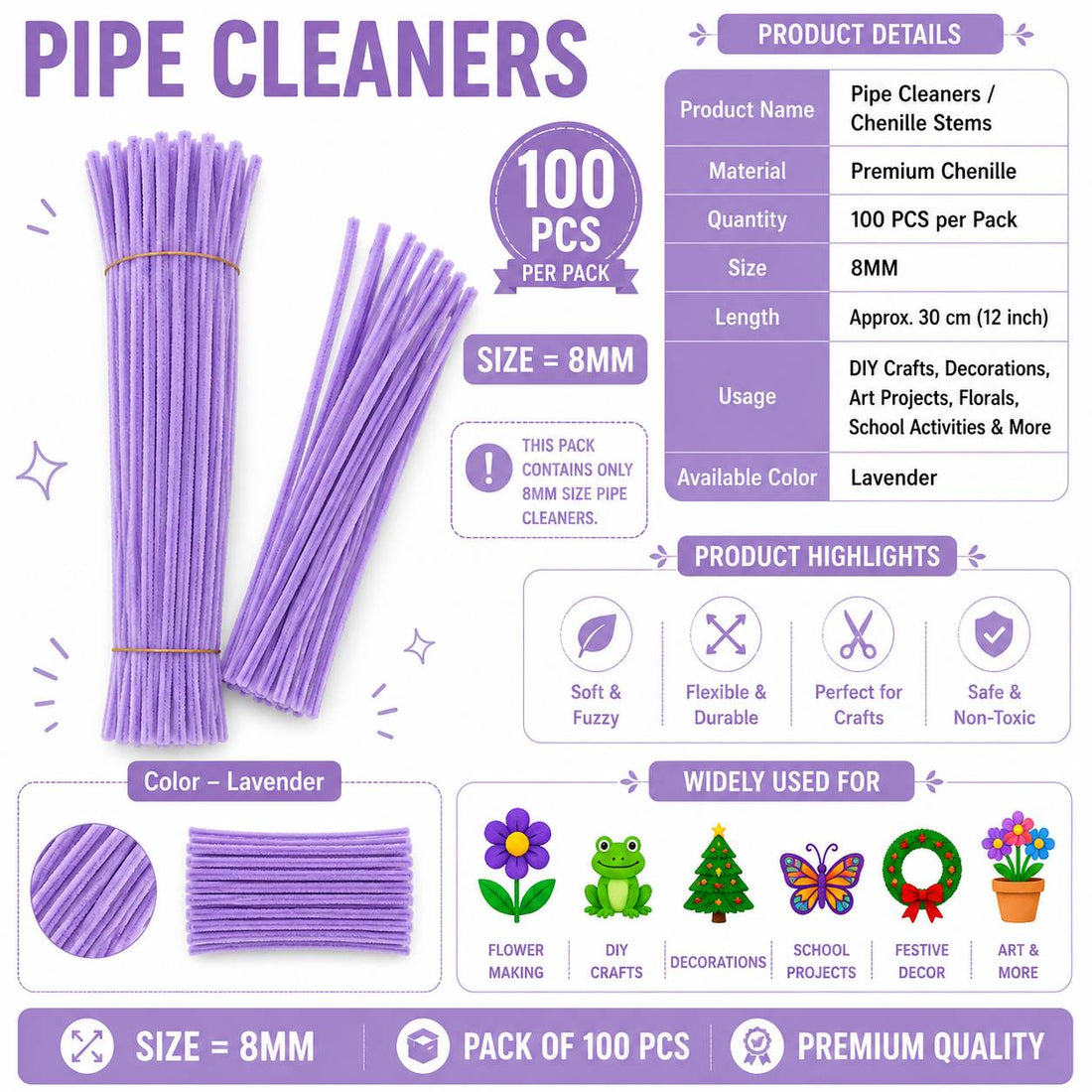 Premium Pipe Cleaners (8MM Approx.) (Lavender)