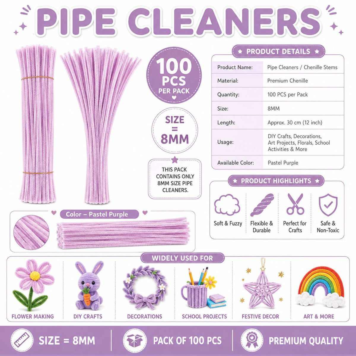 Premium Pipe Cleaners (7-8MM Approx.) (Pastel Purple)