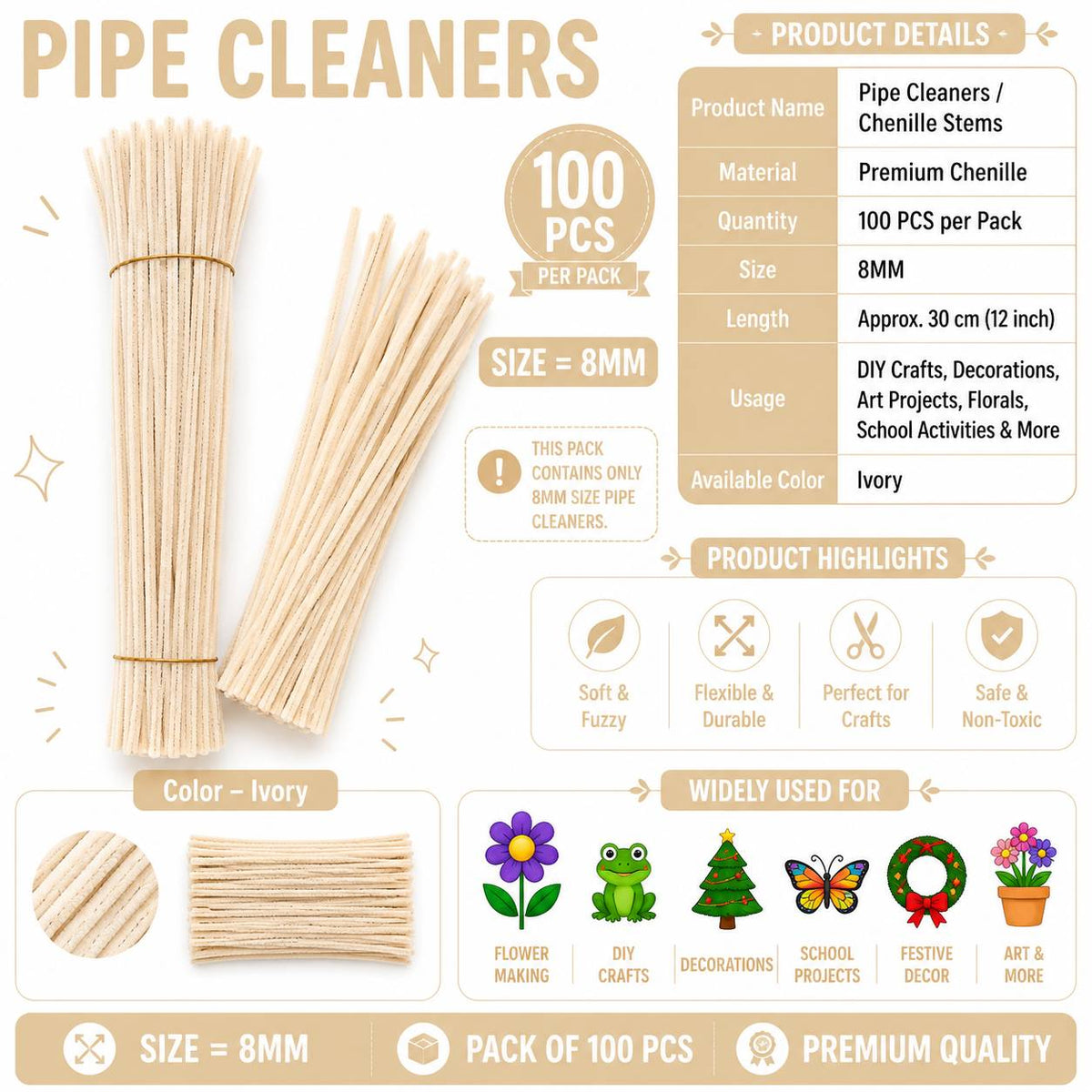 Premium Pipe Cleaners (7-8MM Approx.) (Ivory)