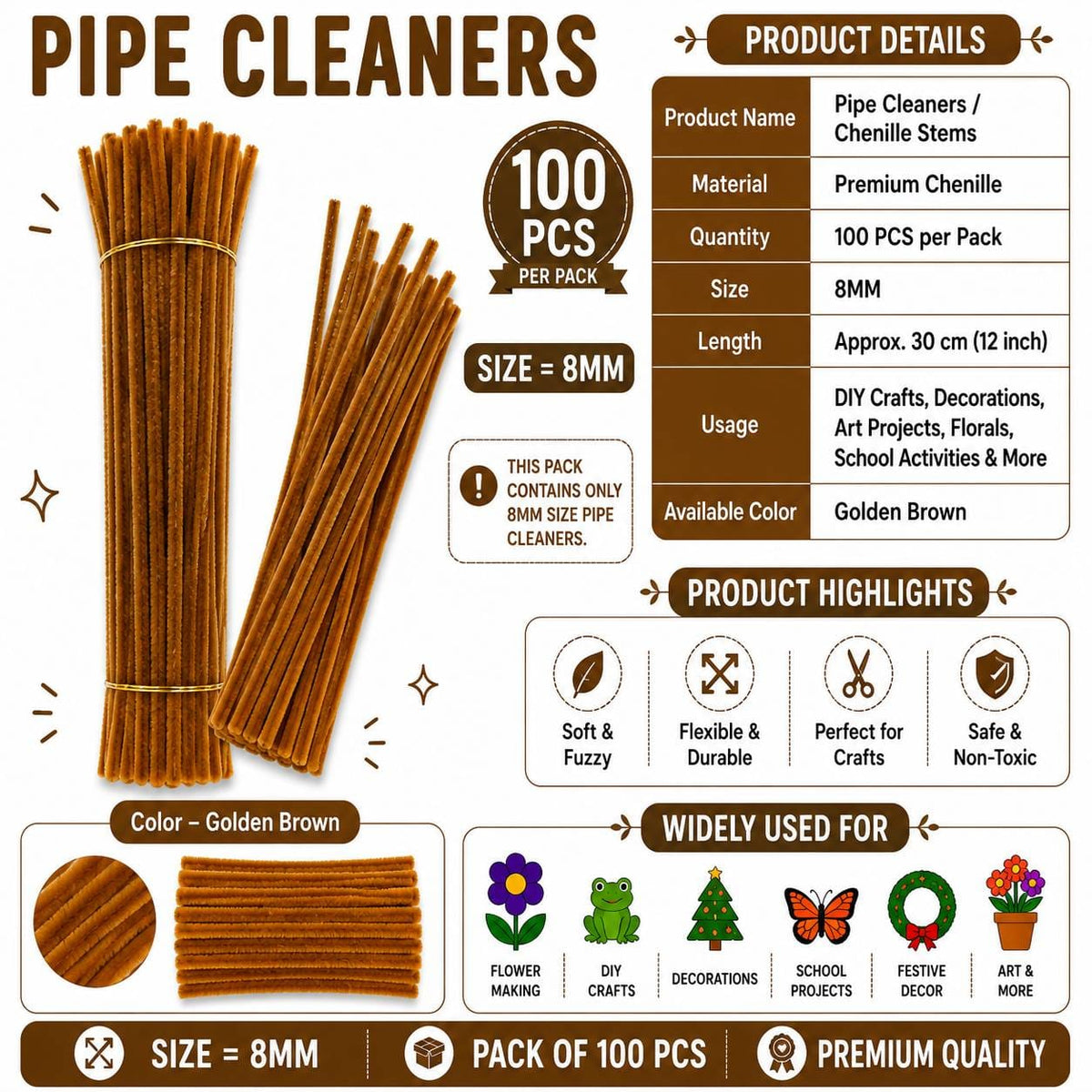 Premium Pipe Cleaners (7-8MM Approx.) (Golden Brown)