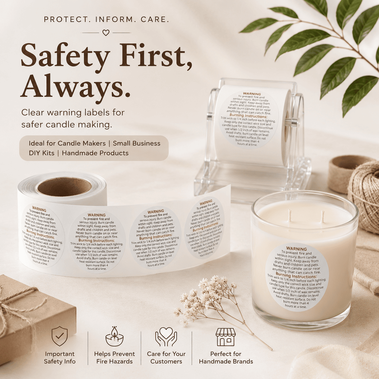 GENERIC Candle Warning Label Sticker Roll – Candle Safety Instruction Adhesive Labels