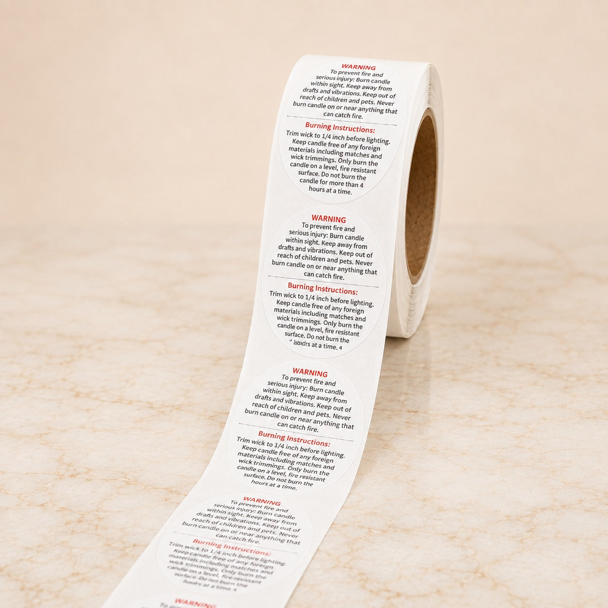 Round Candle Warning & Burning Instructions Sticker Roll – White