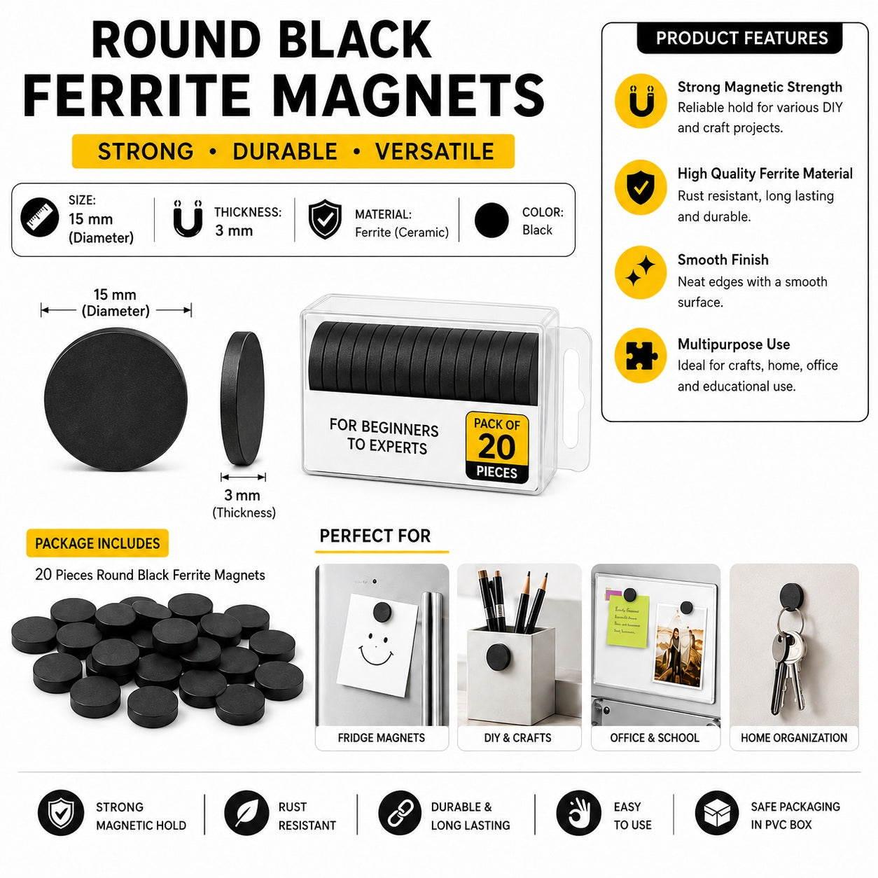 15 × 3 mm Round Black Ferrite Magnets – Pack of 20