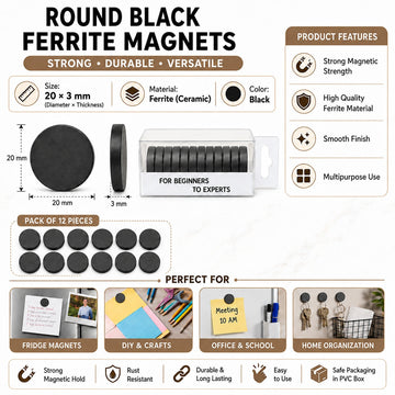 20 × 3 mm Round Black Ferrite Magnets – Pack of 12