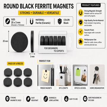 25 × 3 mm Round Black Ferrite Magnets – Pack of 9