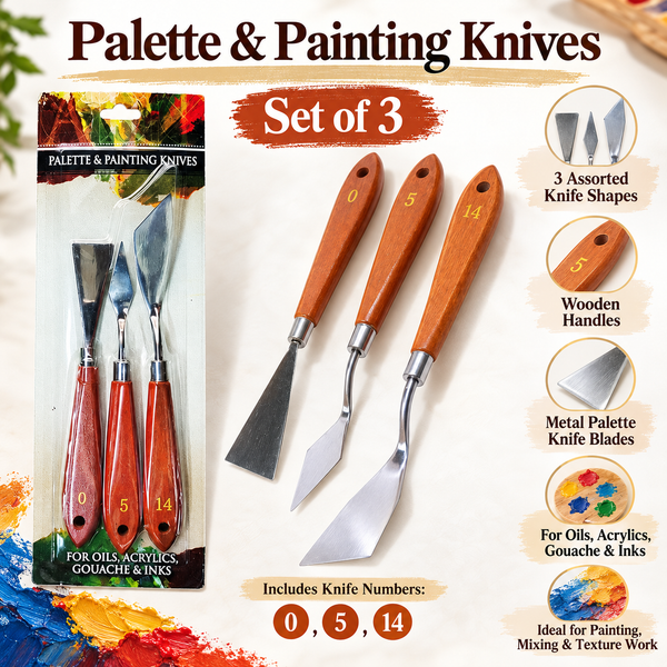 Palette & Painting Knife Set – 3 Pcs | Wooden Handle | No. 0, 5 & 14
