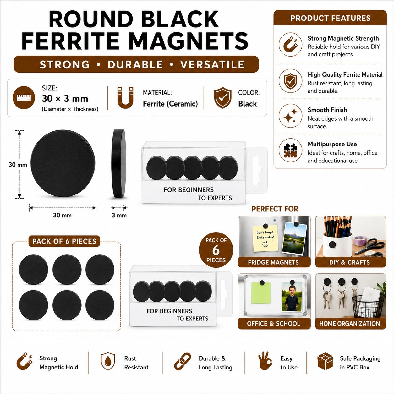 30 × 3 mm Round Black Ferrite Magnets – Pack of 6