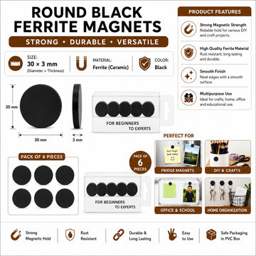 30 × 3 mm Round Black Ferrite Magnets – Pack of 6