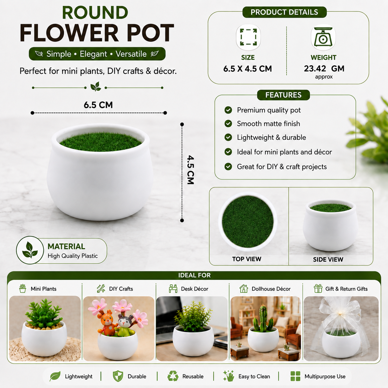 Mini Round Flower Pot with Artificial Grass – 6.5 × 4.5 CM