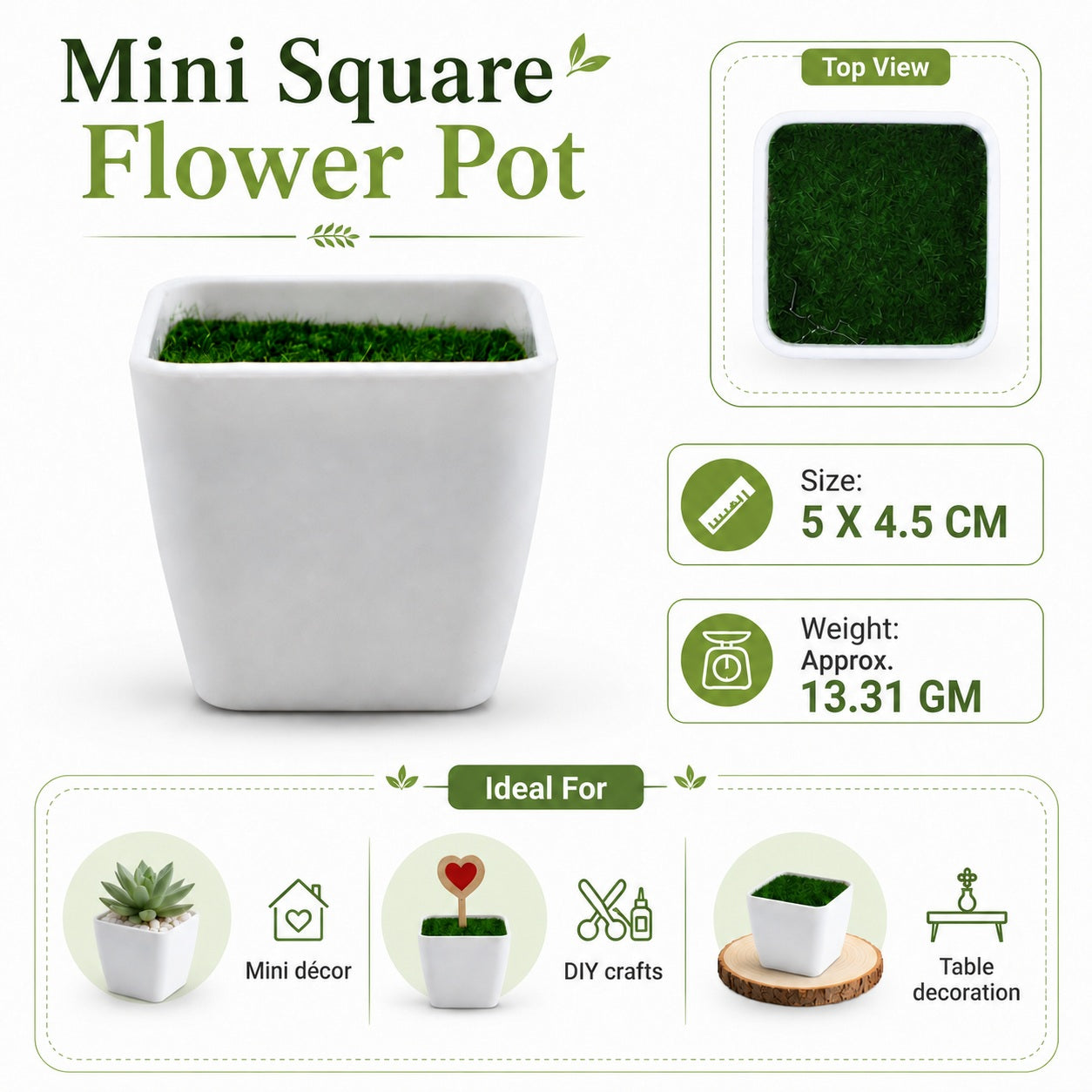 Mini Square Flower Pot with Artificial Grass – 5 × 4.5 CM