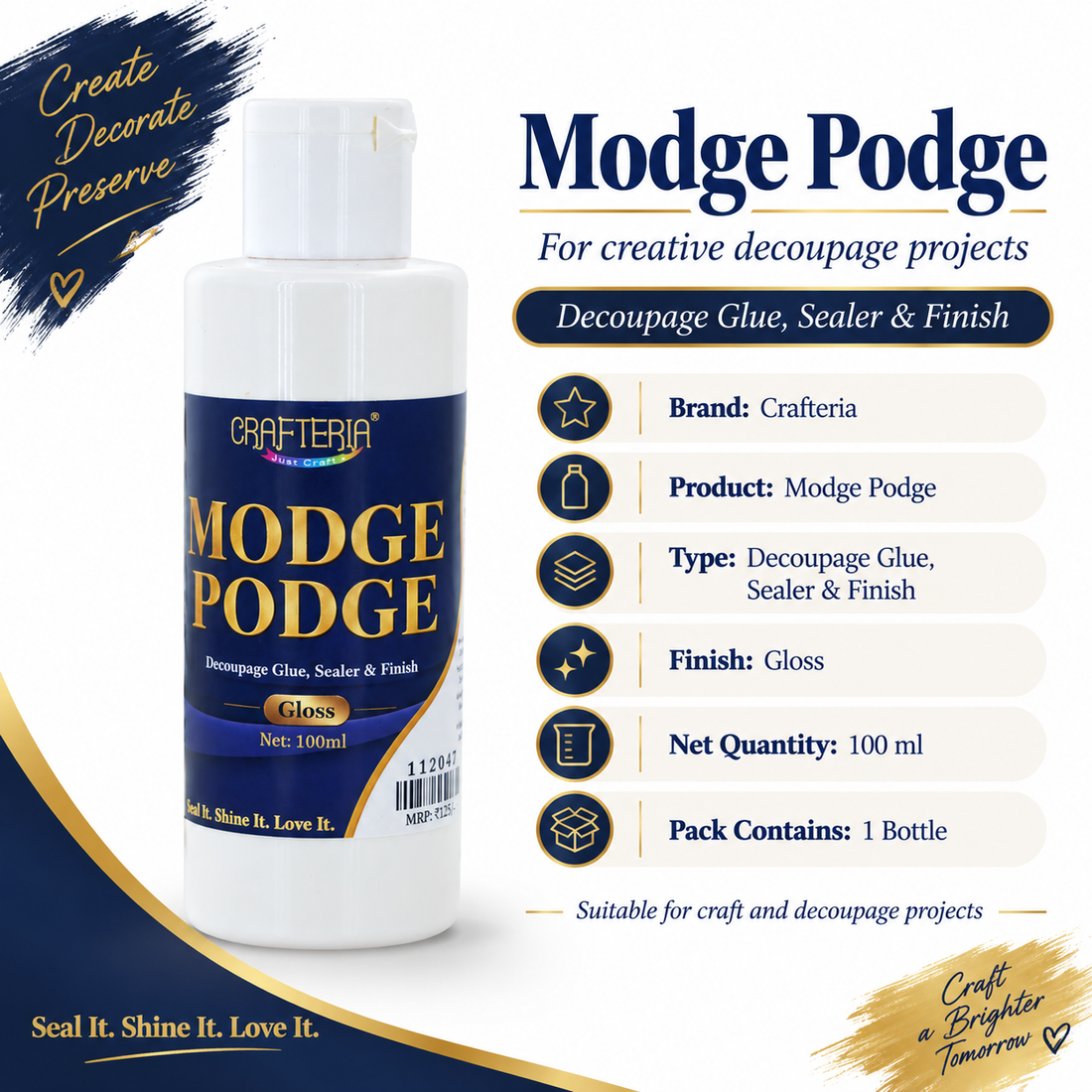 Crafteria Modge Podge Gloss – 100 ML | Decoupage Glue, Sealer & Finish