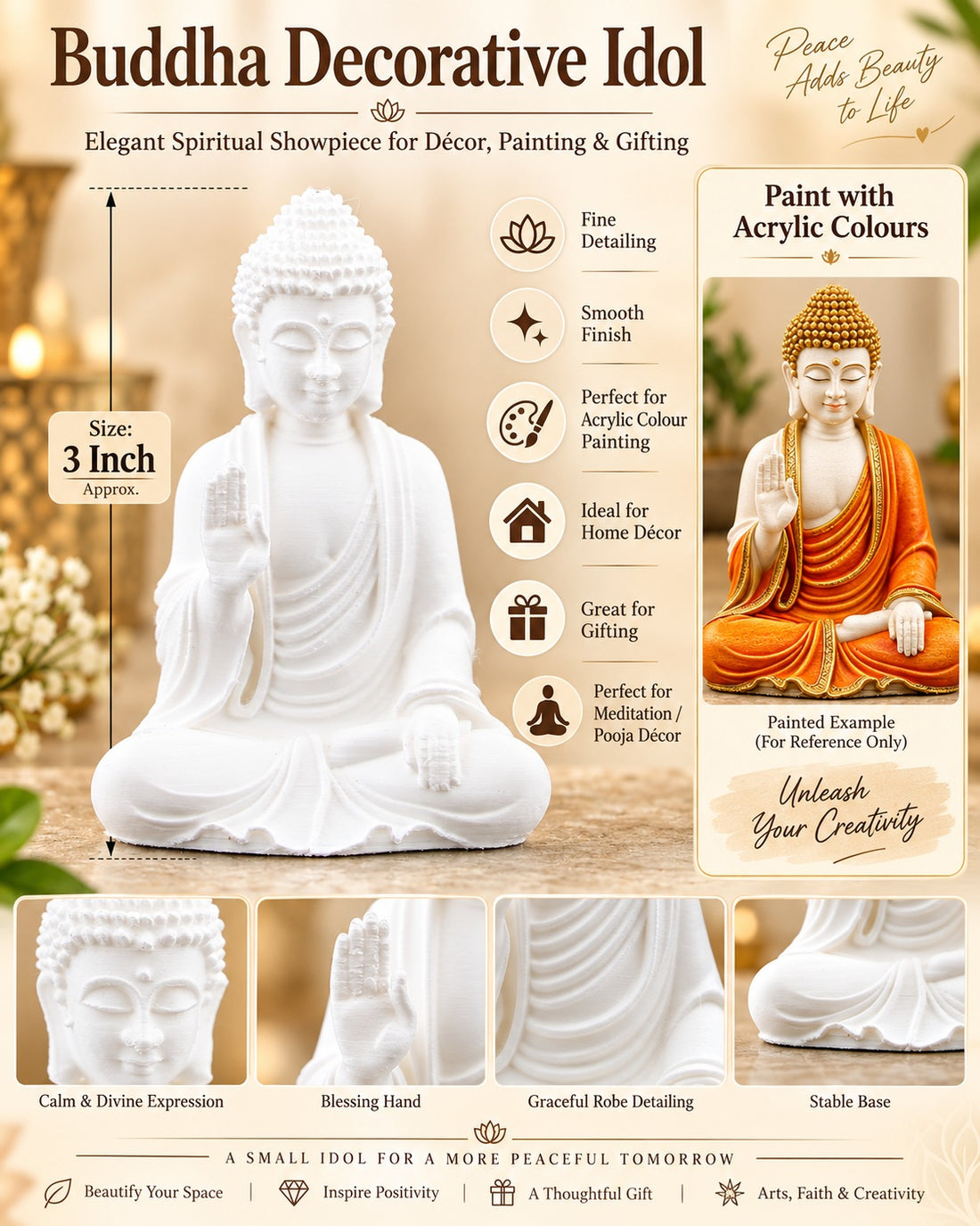 3 Inch Buddha Decorative Idol – White Paintable Statue for Acrylic Colour Art, Home Décor & Gifting
