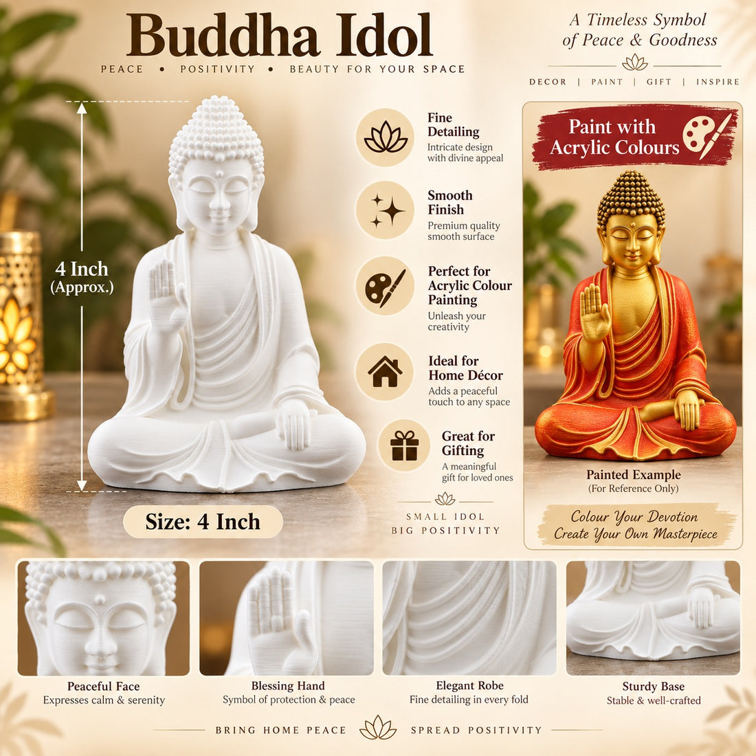 4 Inch Buddha Decorative Idol – White Paintable Statue for Acrylic Colour Art, Home Décor & Gifting