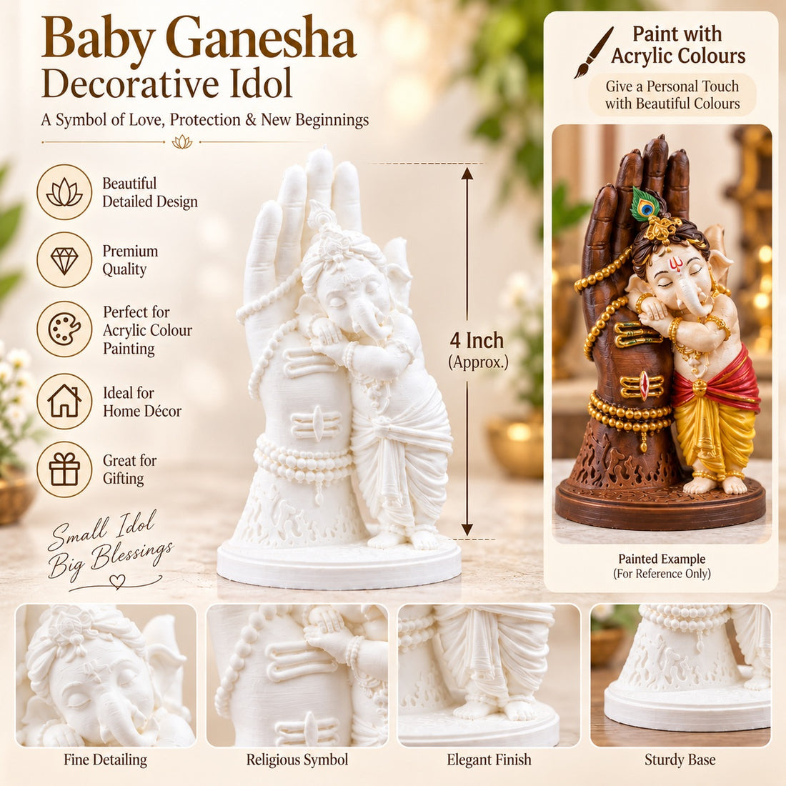 4 Inch Baby Ganesha Hand Decorative Idol – Paintable White Idol for Acrylic Colour Art, Home Décor & Gifting