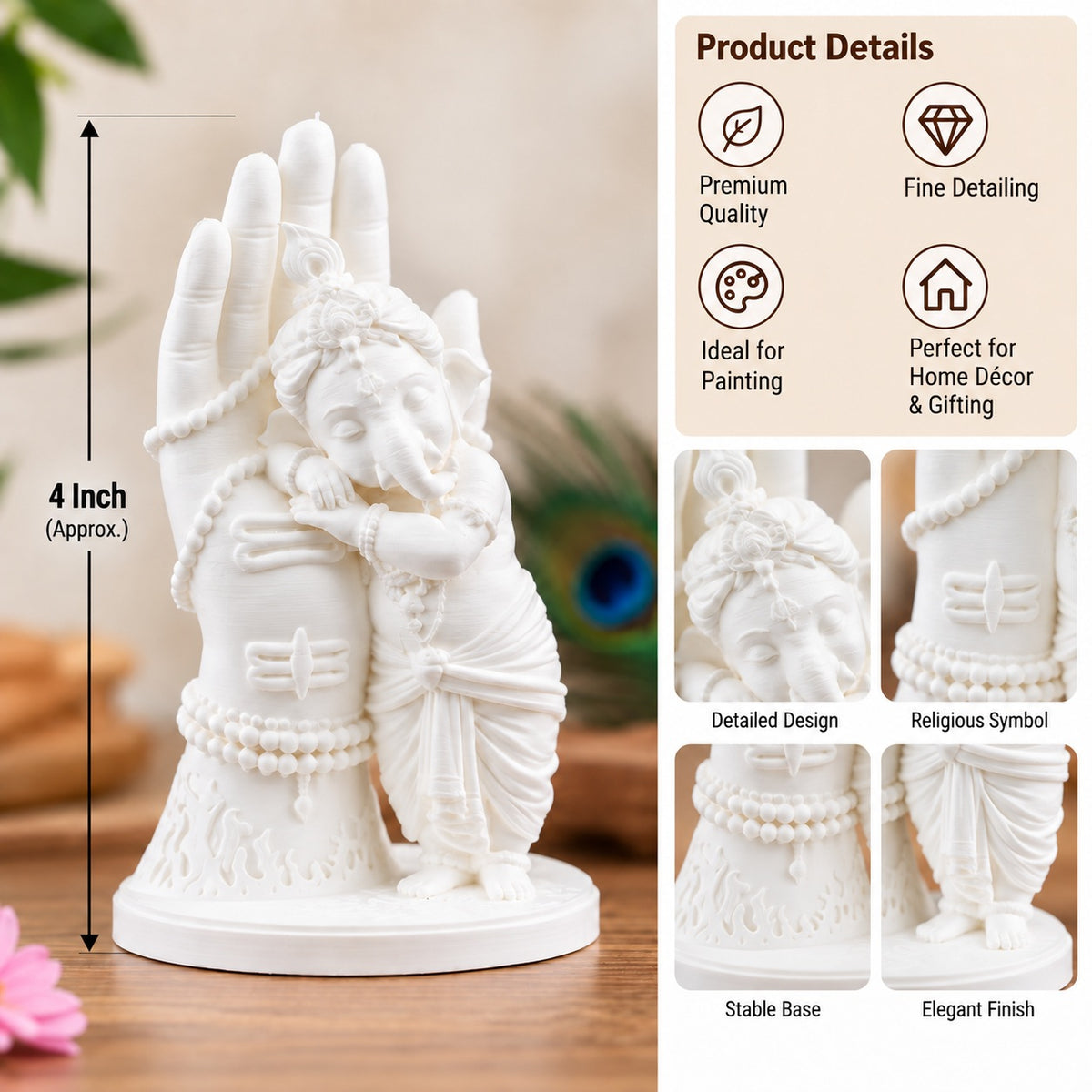 4 Inch Baby Ganesha Hand Decorative Idol – Paintable White Idol for Acrylic Colour Art, Home Décor & Gifting