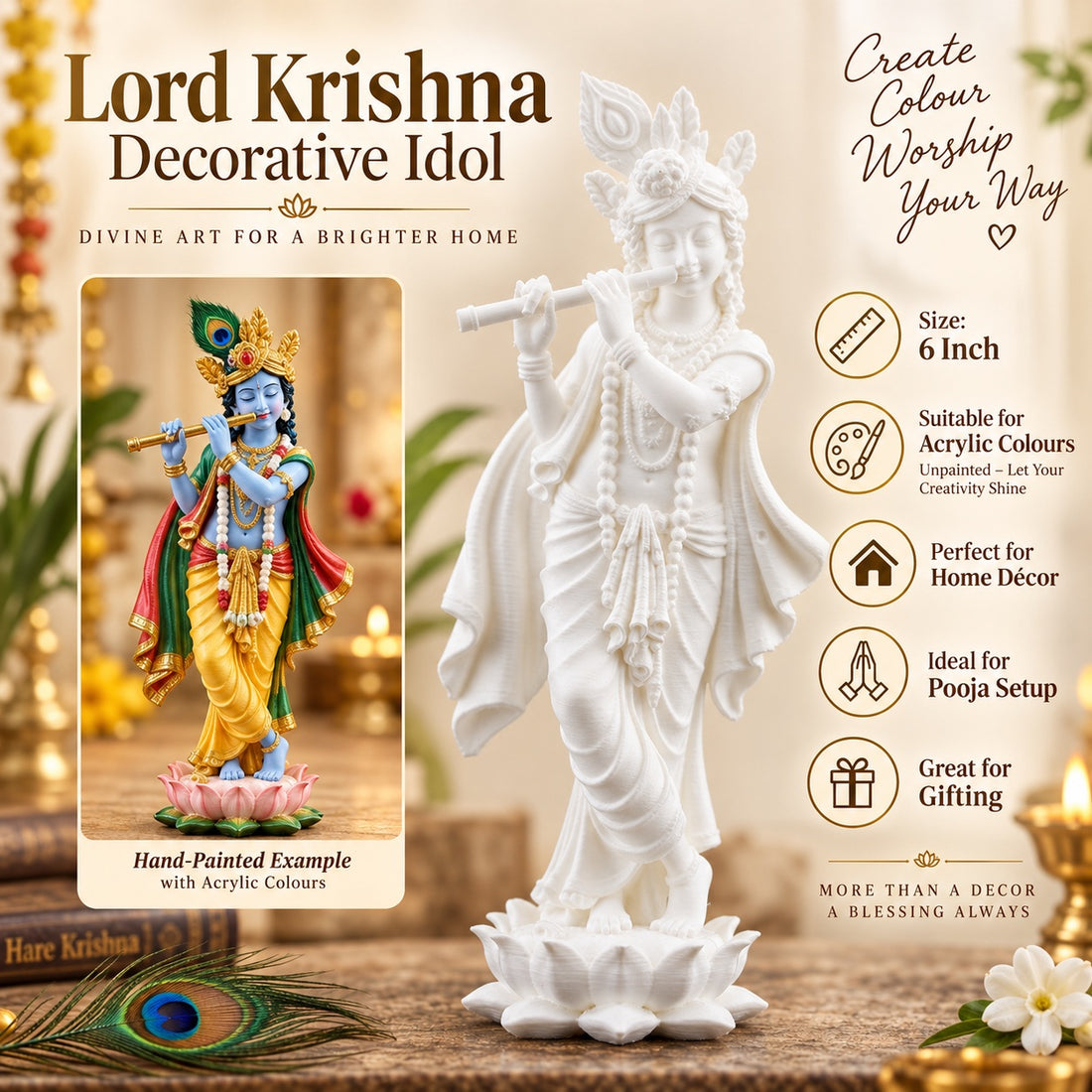 6 Inch Lord Krishna Decorative Idol – White Paintable Krishna Statue with Flute & Lotus Base | Acrylic Colour Art, Home Décor & Gifting