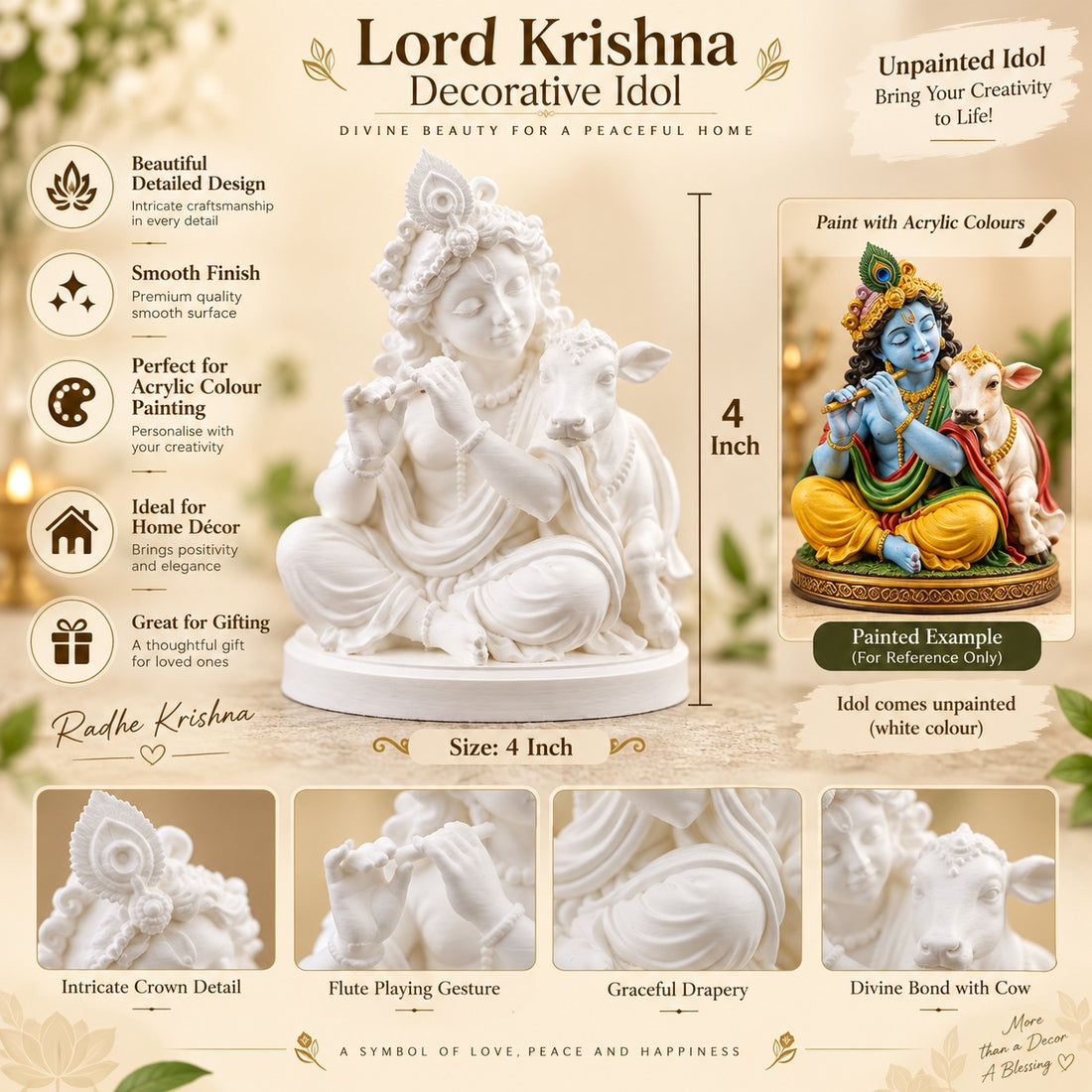 4 Inch Lord Krishna with Cow Decorative Idol – White Paintable Statue with Flute | Acrylic Colour Art, Home Décor & Gifting