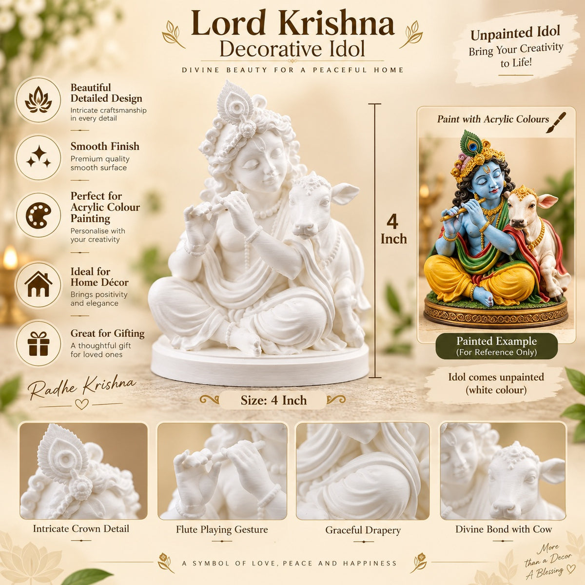 4 Inch Lord Krishna with Cow Decorative Idol – White Paintable Statue with Flute | Acrylic Colour Art, Home Décor & Gifting