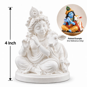 4 Inch Lord Krishna with Cow Decorative Idol – White Paintable Statue with Flute | Acrylic Colour Art, Home Décor & Gifting