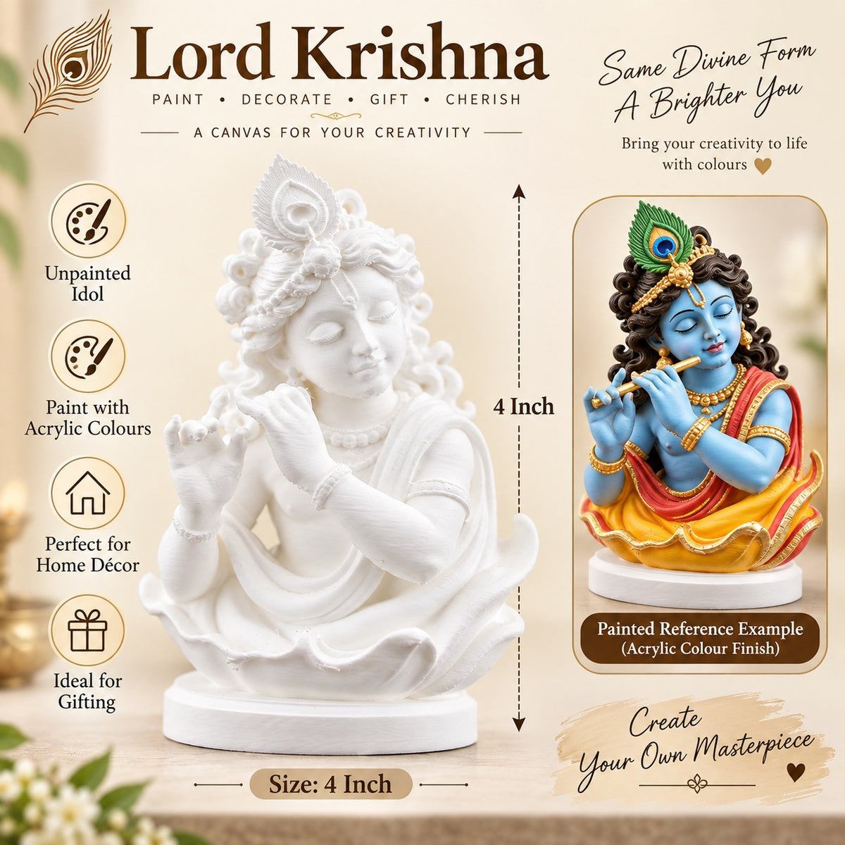 4 Inch Lord Krishna Decorative Idol – White Paintable Krishna Bust for Acrylic Colour Art, Home Décor & Gifting
