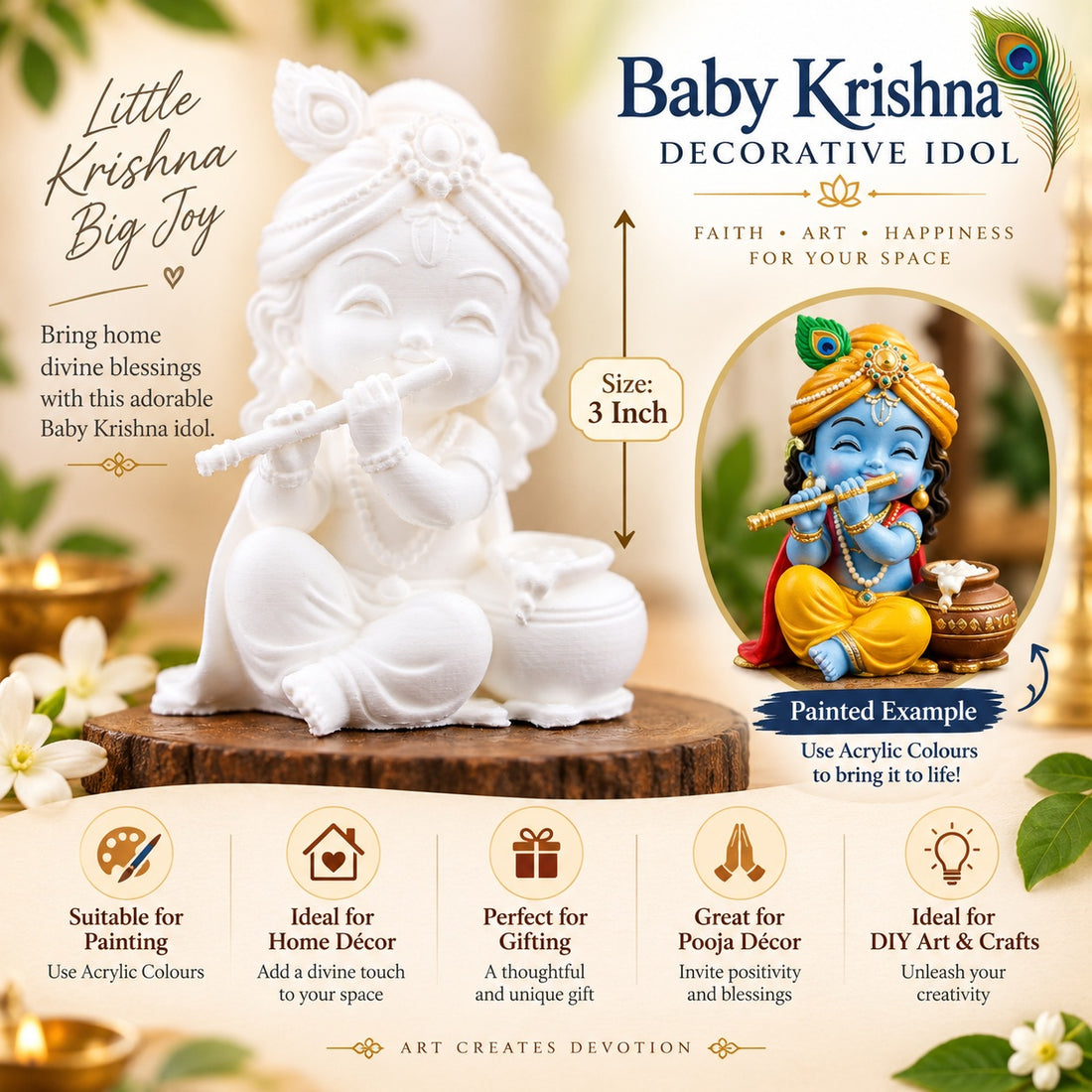 3 Inch Baby Krishna Decorative Idol with Flute & Matki – White Paintable Idol for Acrylic Colour Art, Home Décor & Gifting