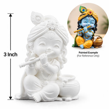 3 Inch Baby Krishna Decorative Idol with Flute & Matki – White Paintable Idol for Acrylic Colour Art, Home Décor & Gifting