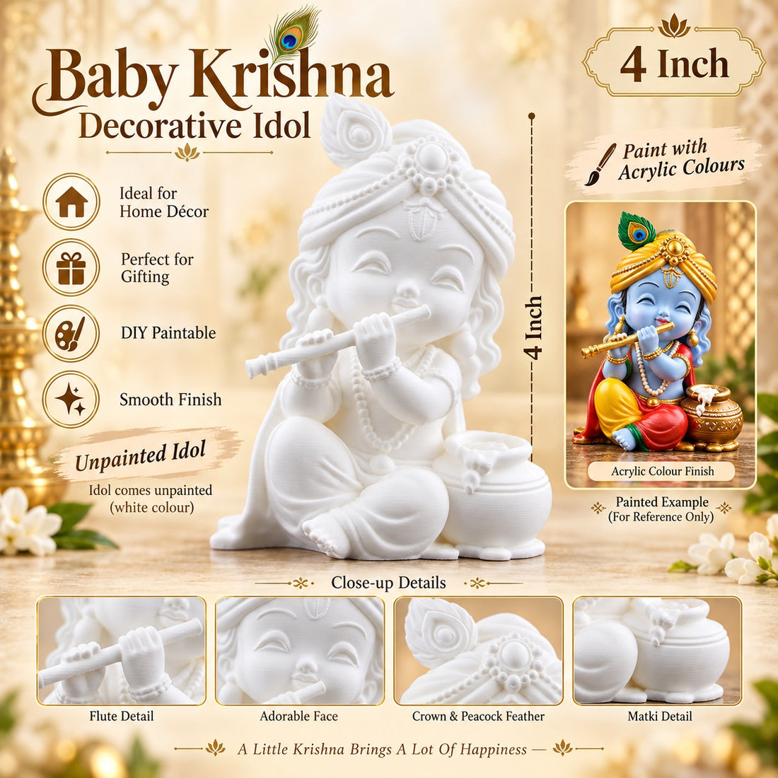 4 Inch Baby Krishna Decorative Idol with Flute & Matki – White Paintable Idol for Acrylic Colour Art, Home Décor & Gifting