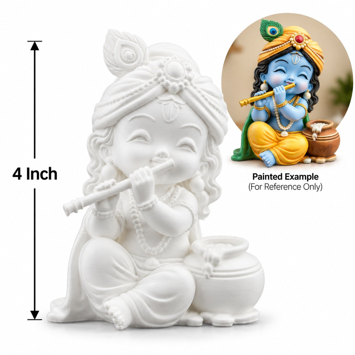 4 Inch Baby Krishna Decorative Idol with Flute & Matki – White Paintable Idol for Acrylic Colour Art, Home Décor & Gifting