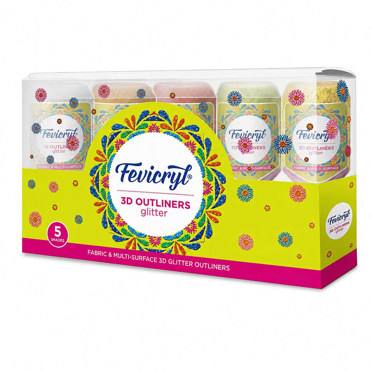 Fevicryl 3D Glitter Outliners for Fabric & Multi-Surface Crafts – Set of 5 Shades