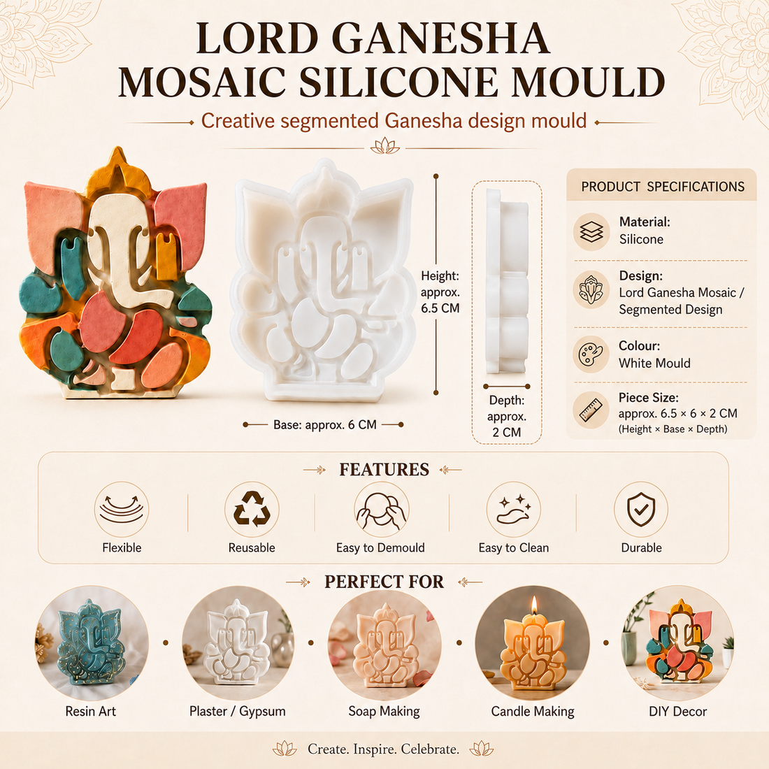 Ganesha Mosaic Silicone Mould – Approx. 6.5 × 6 × 2 CM