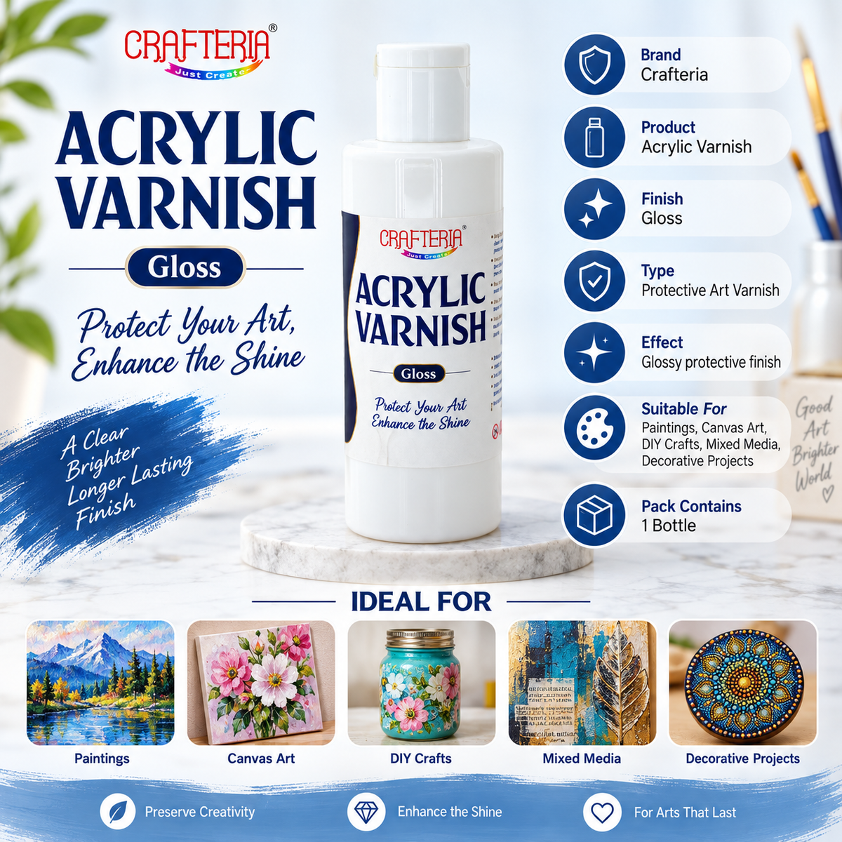 Crafteria Acrylic Varnish Gloss – 100 ML | Clear Gloss Protective Finish for Art & Craft