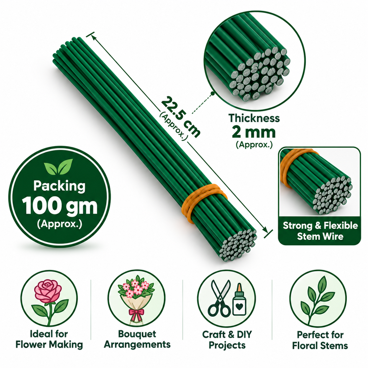 Green Floral Stem Wire for Flower Making & DIY Crafts – 22.5cm × 2mm (100g Pack)