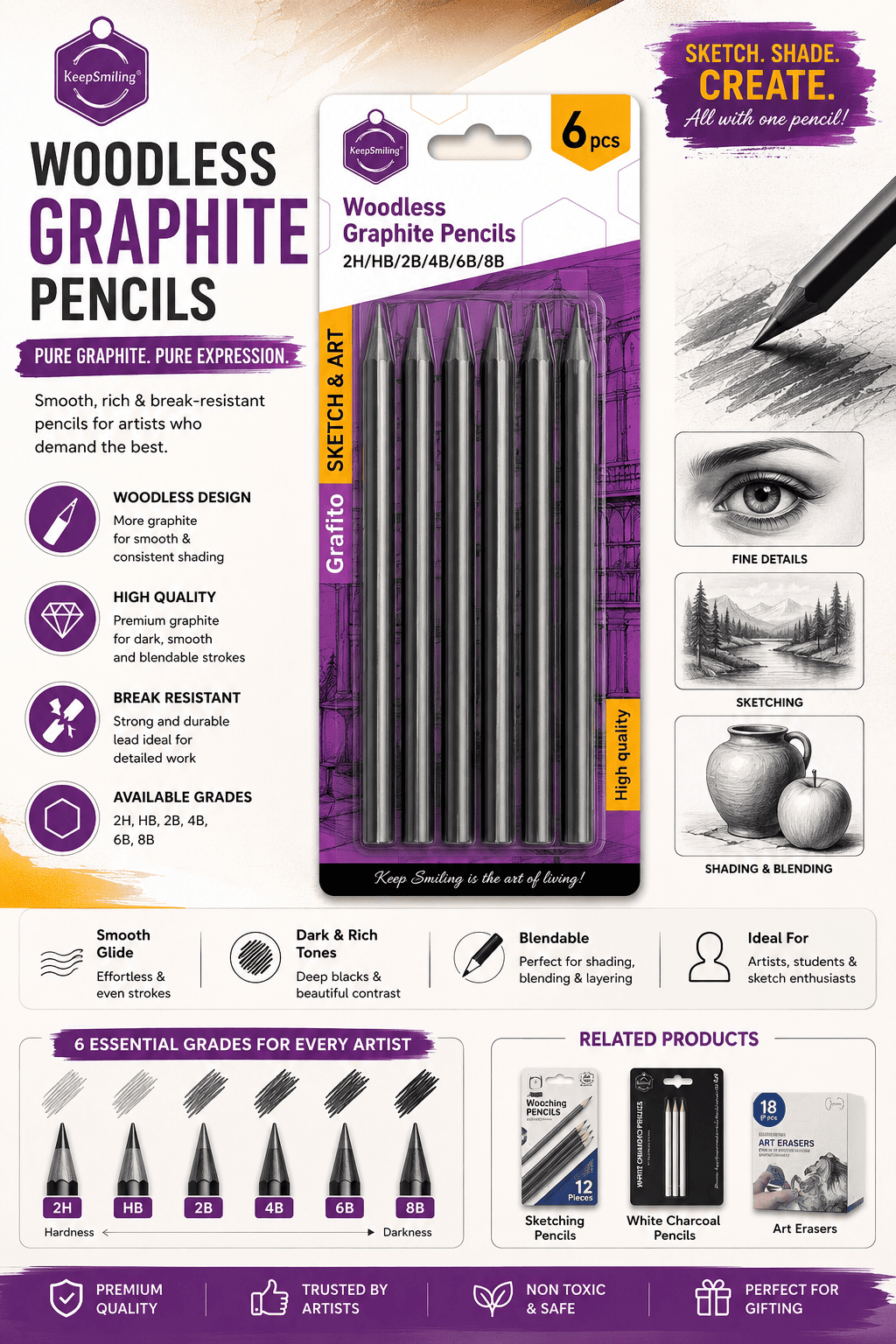 6 Pc Charcoal Pencil