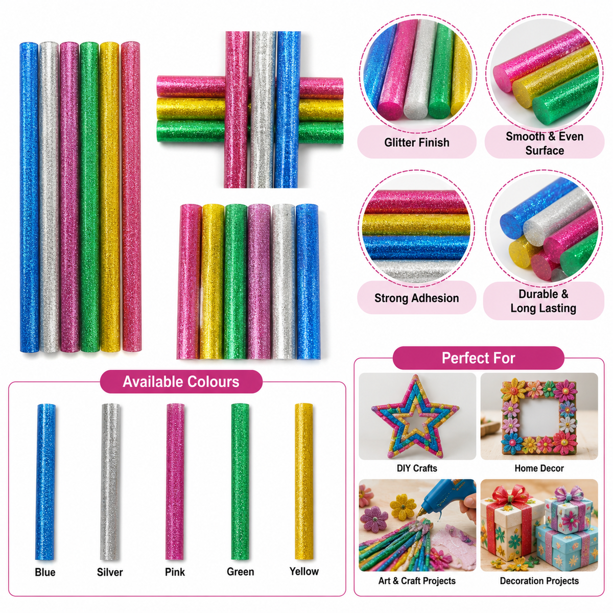7mm Mixed Colour Glitter Mini Hot Melt Glue Sticks (17.5cm) – Pack Of 6