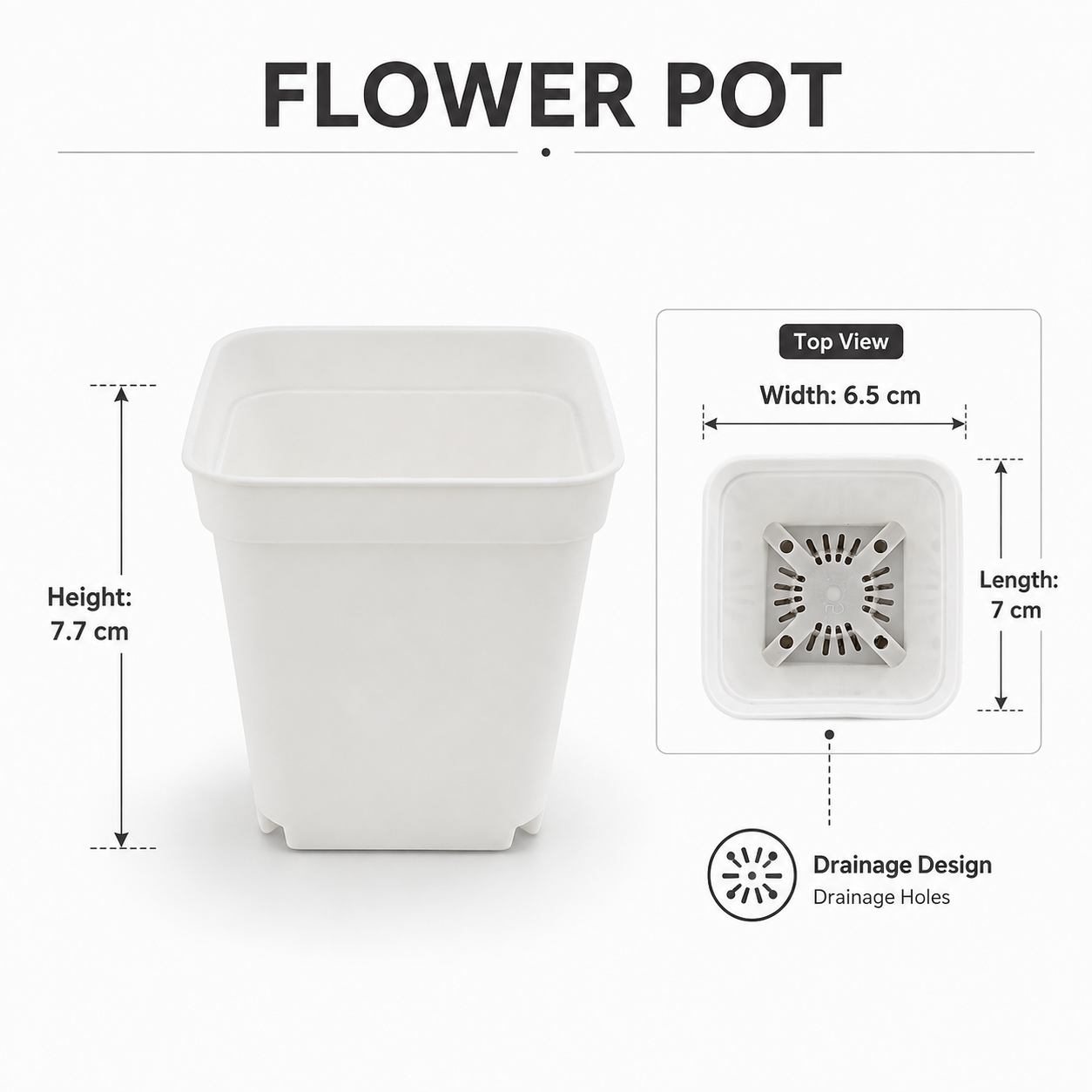 Square Plastic Flower Pot With Drainage Holes – 7.7 × 6.5 × 7 CM – Pack of 5