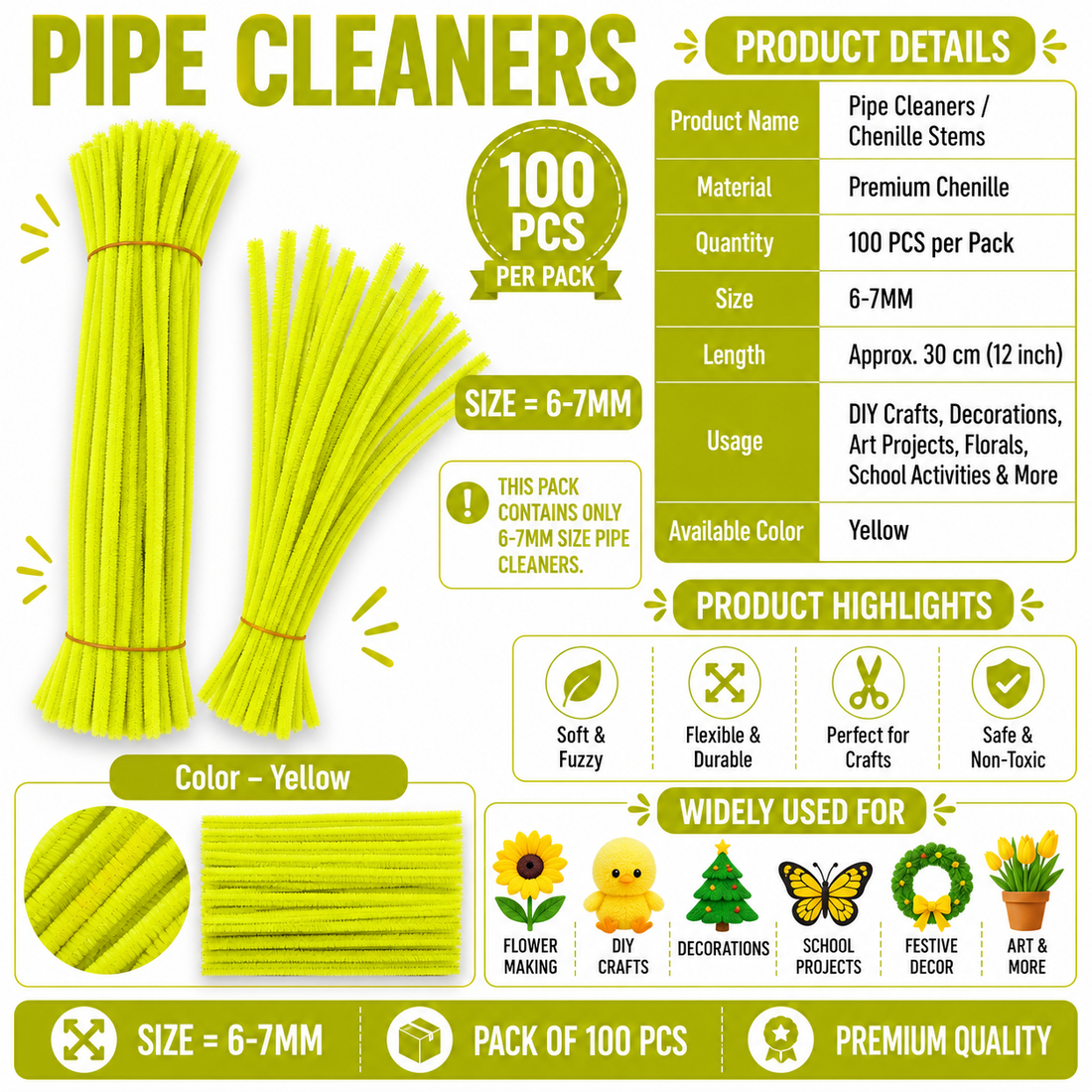 Premium Pipe Cleaners (6-7MM Approx.) (Lemon Yellow)