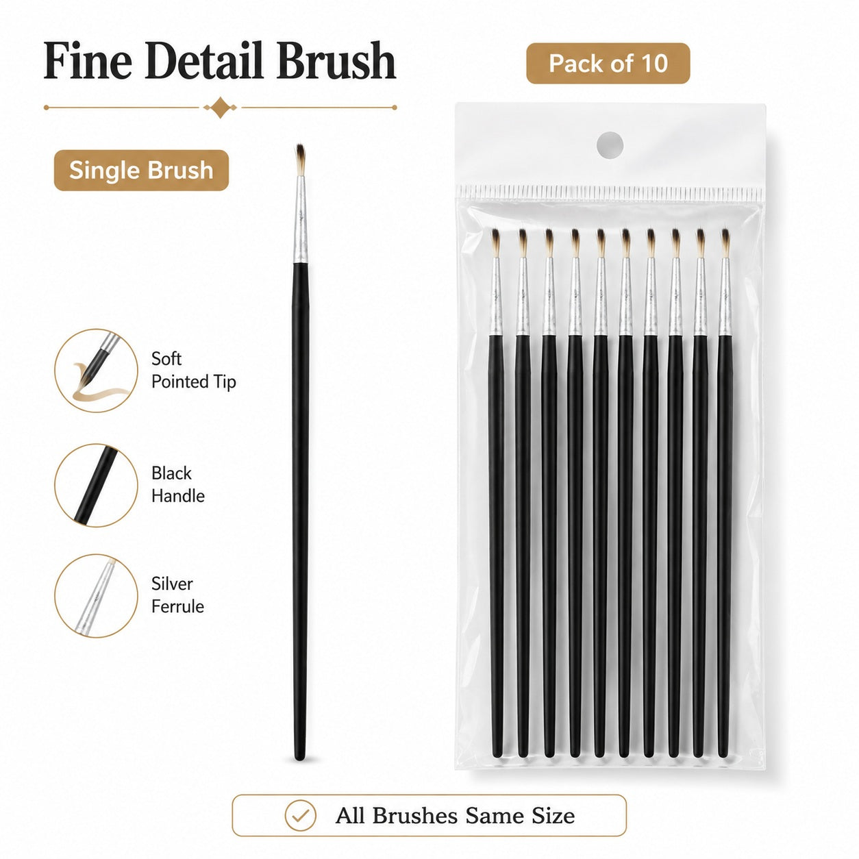 Fine Detail Paint Brush with Soft Pointed Tip – Pack of 10