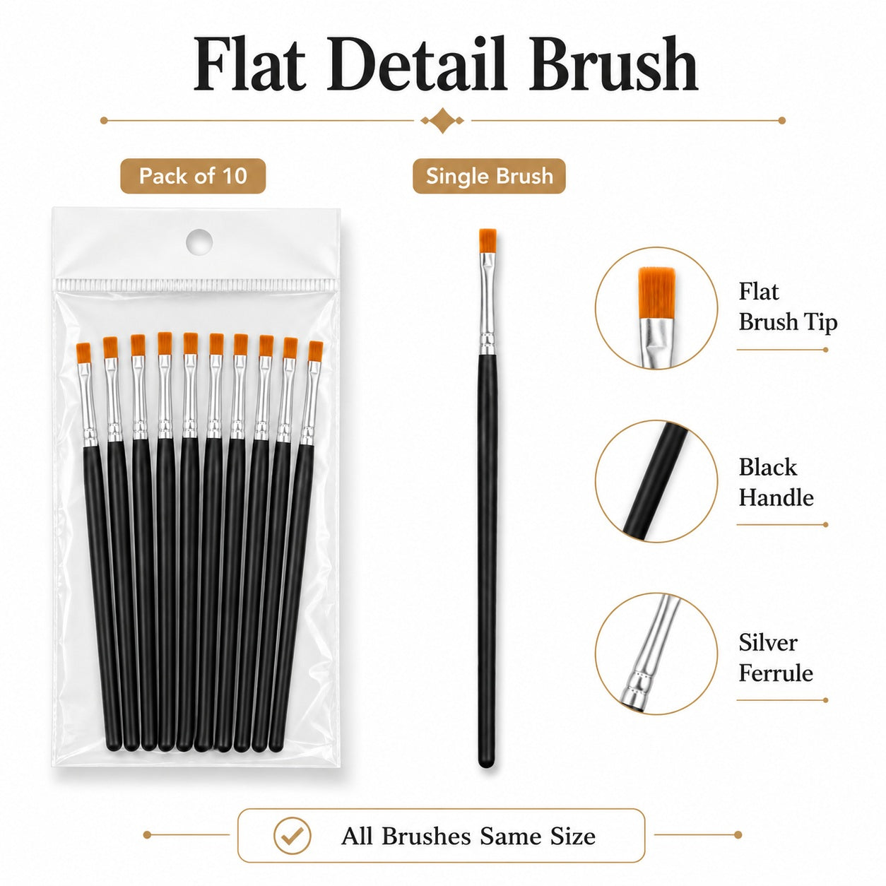 Flat Detail Brush for Painting and DIY Crafts – Pack of 10