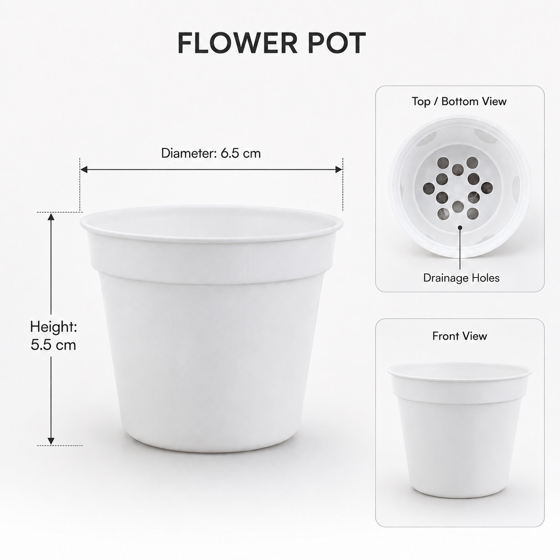 Round Plastic Flower Pot With Drainage Holes – 5.5 CM × 6.5 CM – Pack of 5
