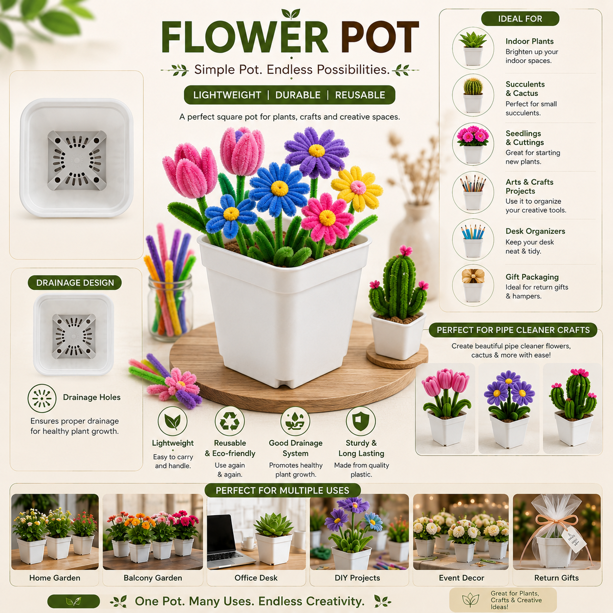 Square Plastic Flower Pot With Drainage Holes – 7.7 × 6.5 × 7 CM – Pack of 5