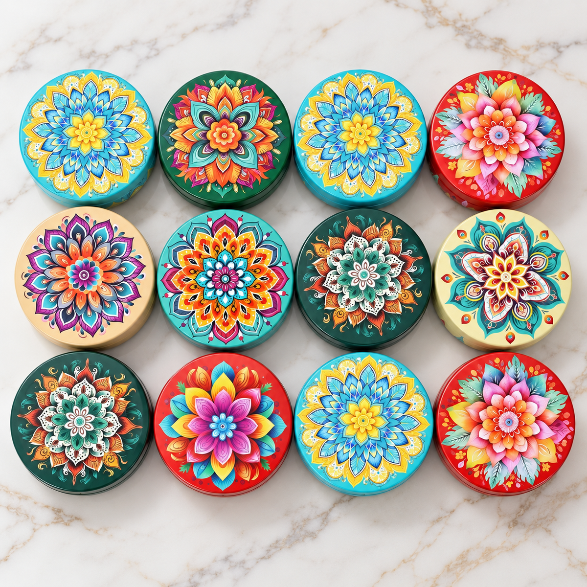 Decorative Floral Mandala Round Metal Tin Jar – 8 × 4 CM | Assorted Designs | Pack of 12 Jars