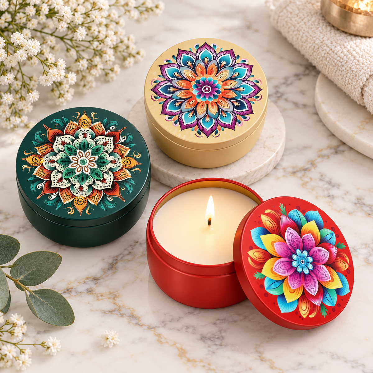 Decorative Floral Mandala Round Metal Tin Jar – 8 × 4 CM | Assorted Designs | Pack of 12 Jars