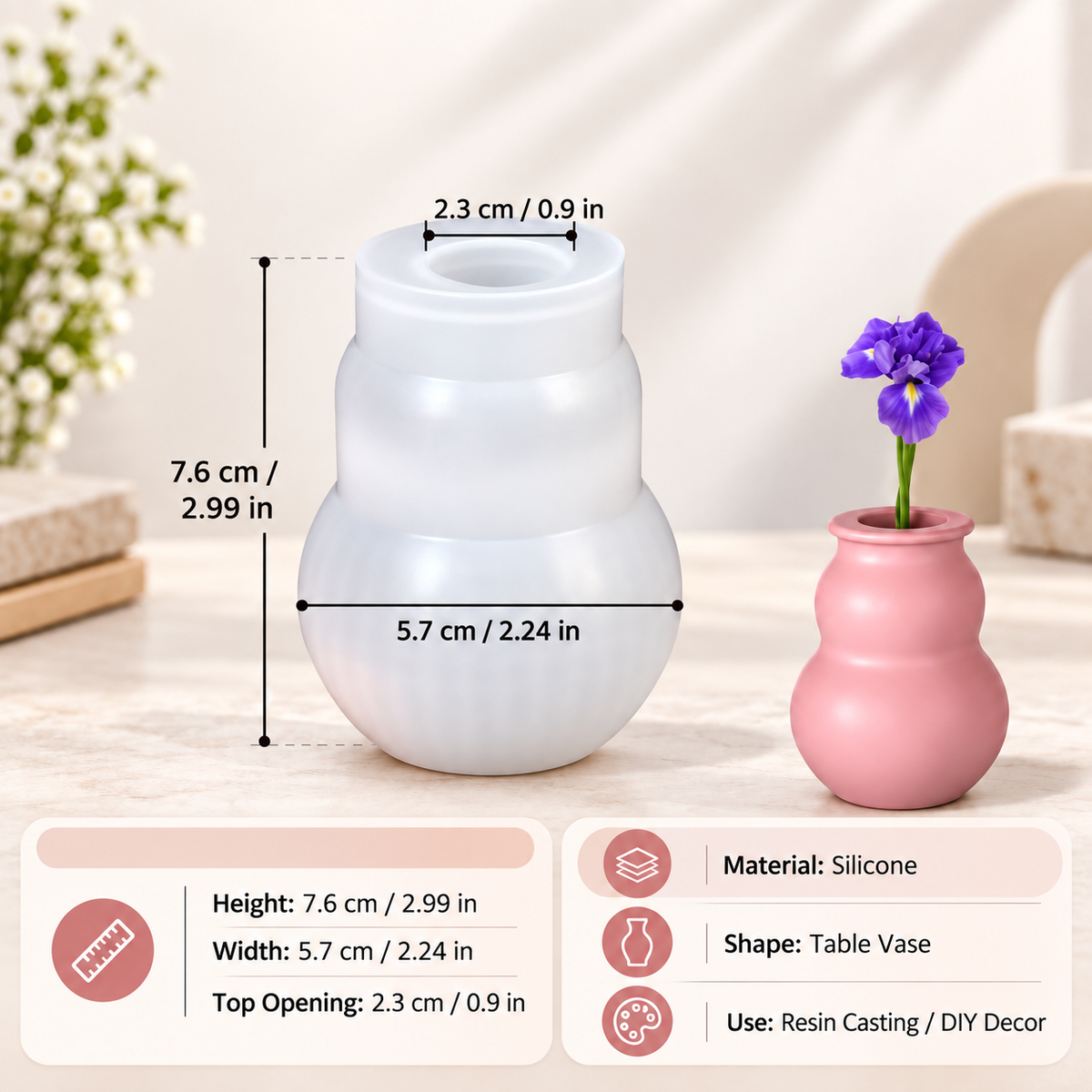 Curved Flower Vase Shape Silicone Mould for Resin & Concrecast Art – 7.6 × 5.7 CM