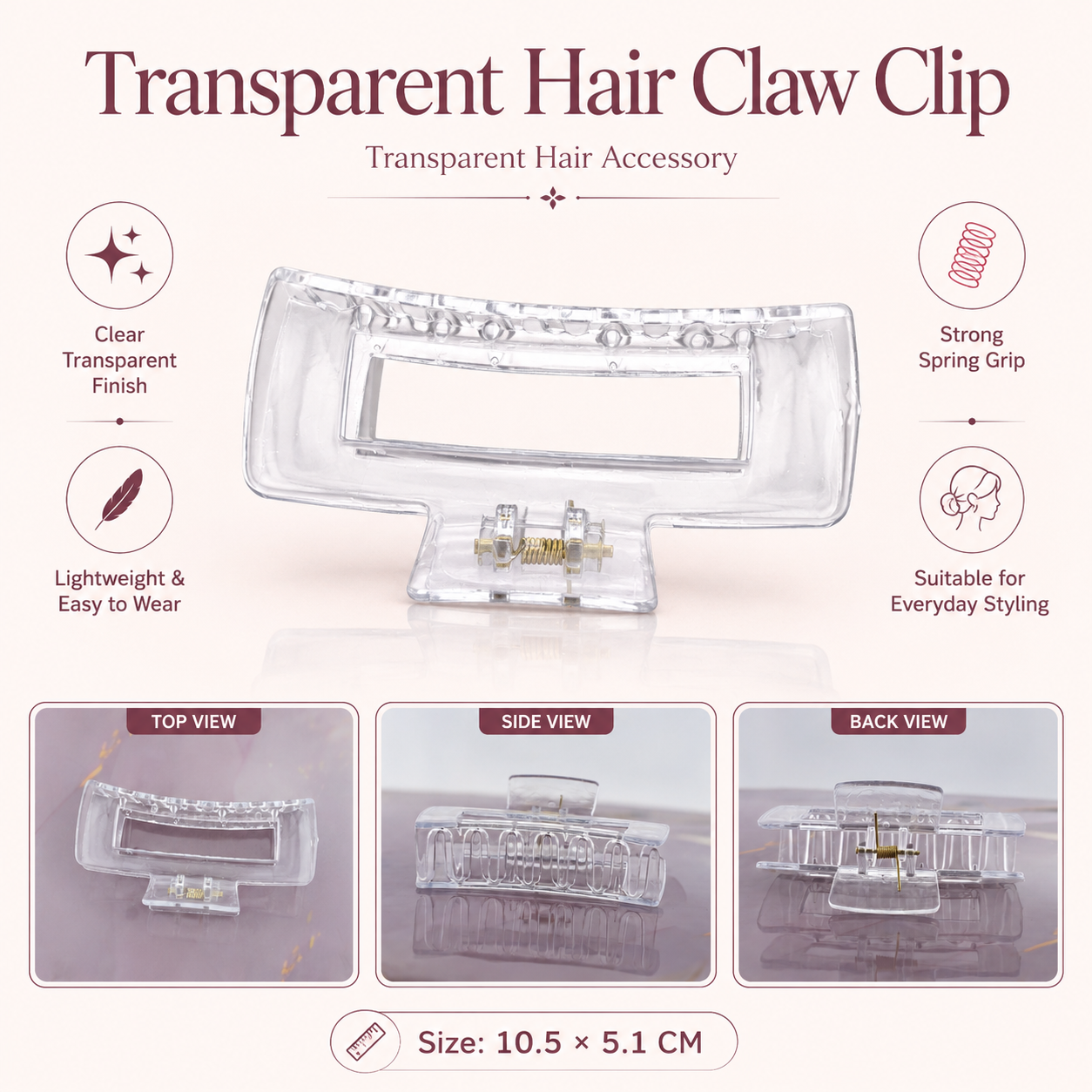 Transparent Hair Claw Clip For Decoden Art – 10.5 × 5.1 CM – Pack of 5 Pcs