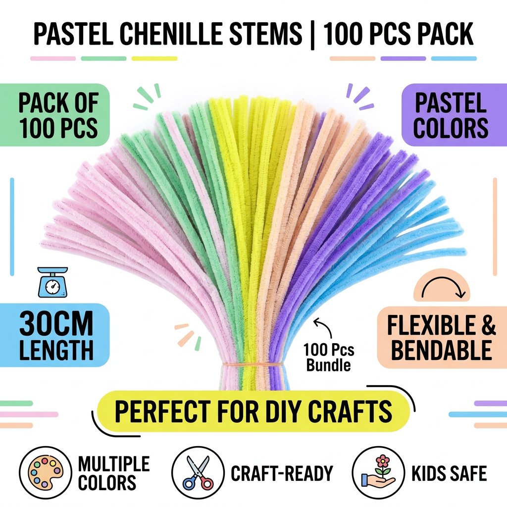 Pastel Mix Chenille Pipe Cleaners 10MM – Pack of 100 Pcs